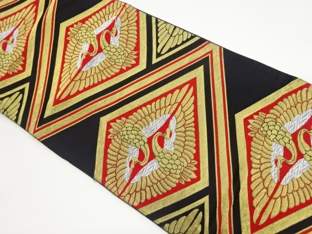 菱に向かい鶴模様織出し袋帯